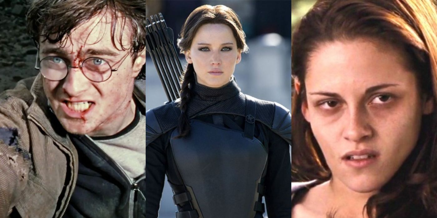 Split image of Harry in Harry Potter and the Deathly Hallows, Katniss in Hunger Games Mockingjay, and Bella in Twilight Breaking Dawn