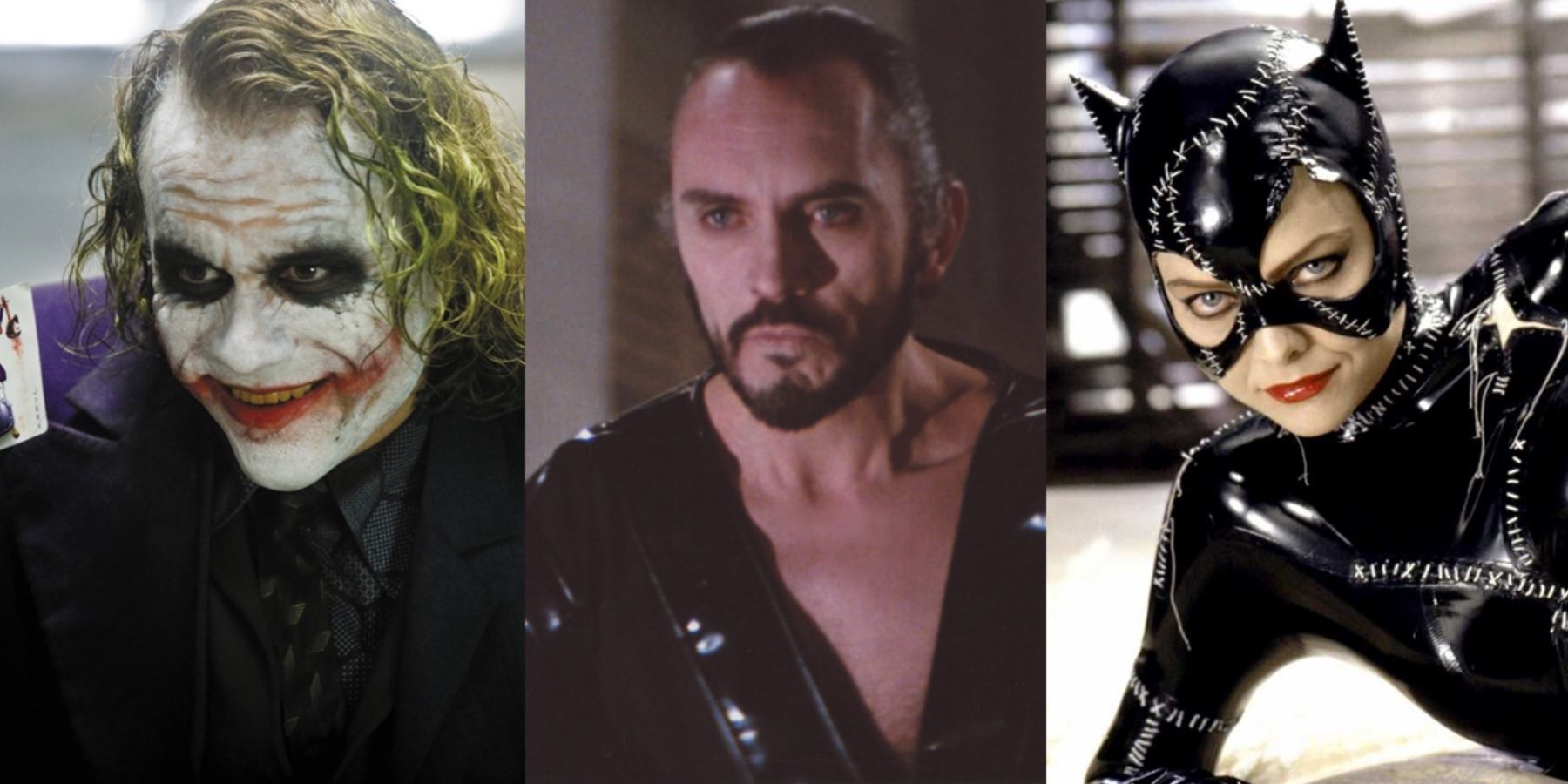 Split image of Heath Ledger as the Joker, Terence Stamp as General Zod, and Michelle Pfeiffer as Catwoman