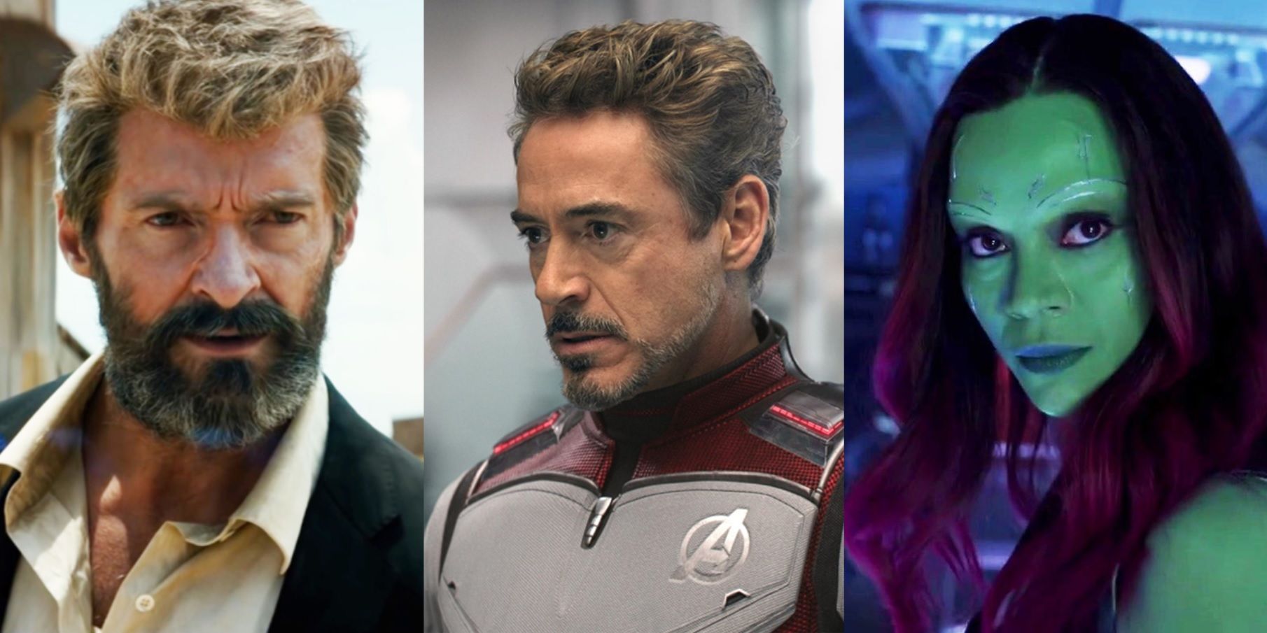 Split image of Hugh Jackman as Wolverine, Robert Downey Jr as Tony Stark, and Zoe Saldana as Gamora