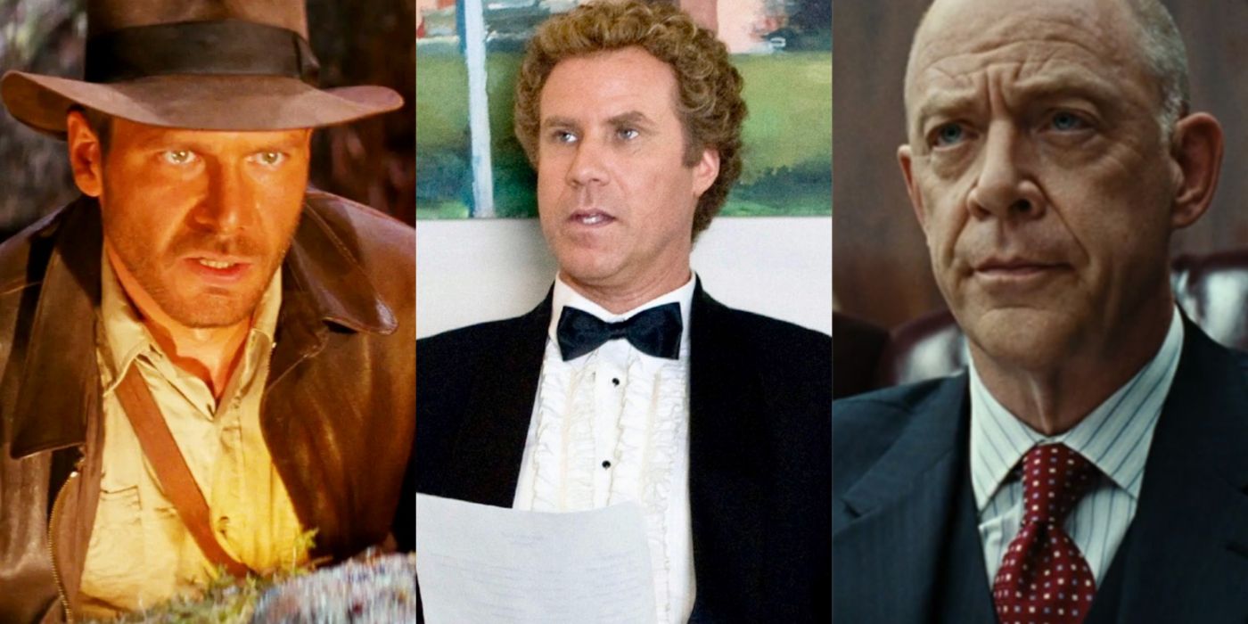 Split image of Indiana Jones in Raiders of the Lost Ark, Brennan in Step Brothers, and JK Simmons in Burn After Reading