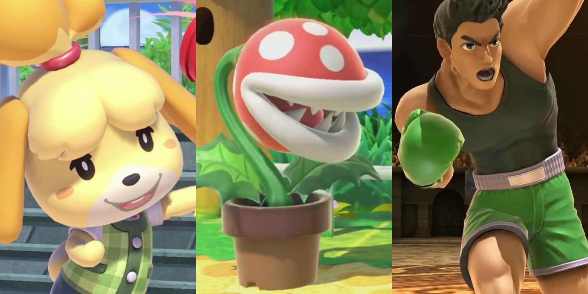Split image of Isabelle, Piranha Plant and Little Mac Super Smash Bros Ultimate Feature