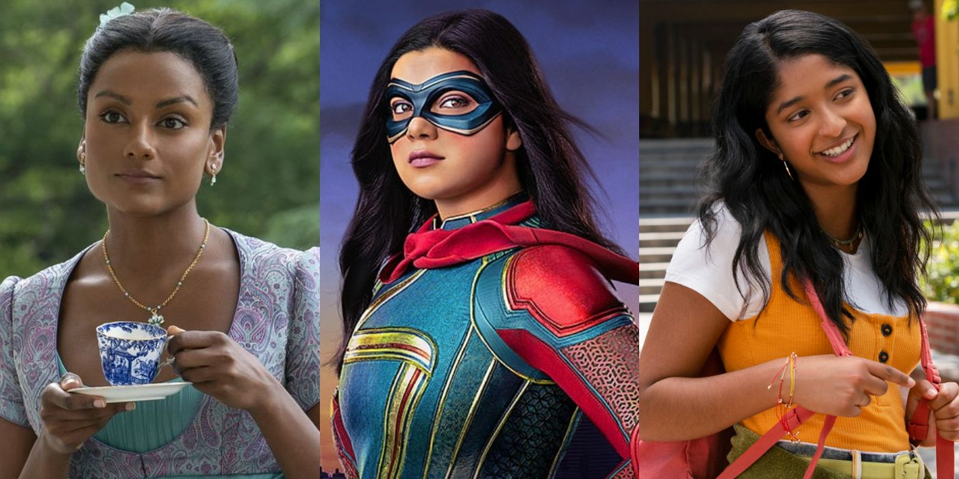 Split image of Kate Sharma from Bridgerton, Kamala Khan from Ms. Marvel, and Devi from Never Have I Ever