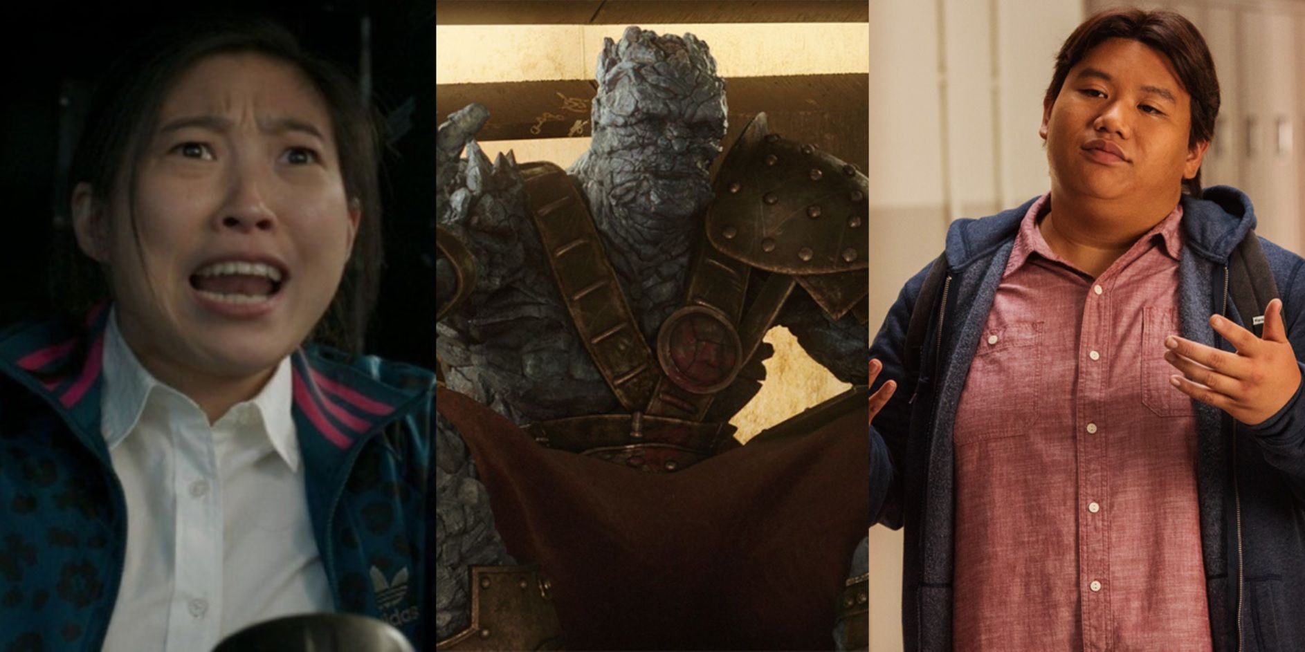 Split image of Katy in Shang-Chi, Korg in Thor Ragnarok, and Ned in Spider-Man Homecoming