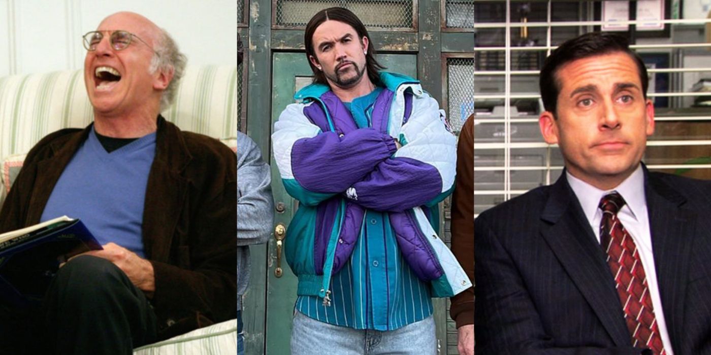 Split image of Larry in Curb Your Enthusiasm, Mac in It's Always Sunny In Philadelphia, and Michael in The Office