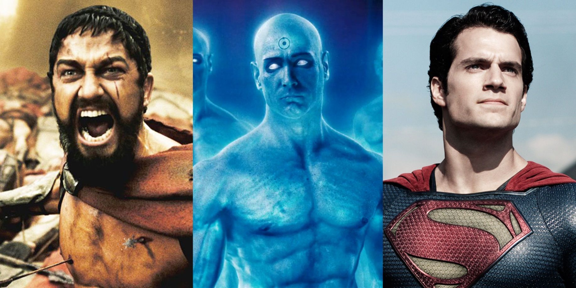 Split image of Leonidas in 300, Doctor Manhattan in Watchmen, and Superman in Man of Steel