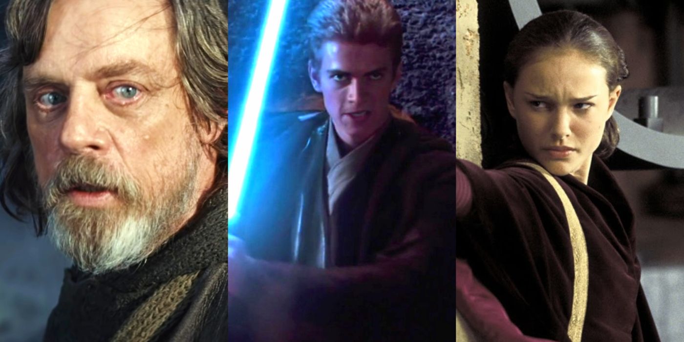Split image of Luke in The Last Jedi, Anakin in Attack of the Clones, and Padme in The Phantom Menace