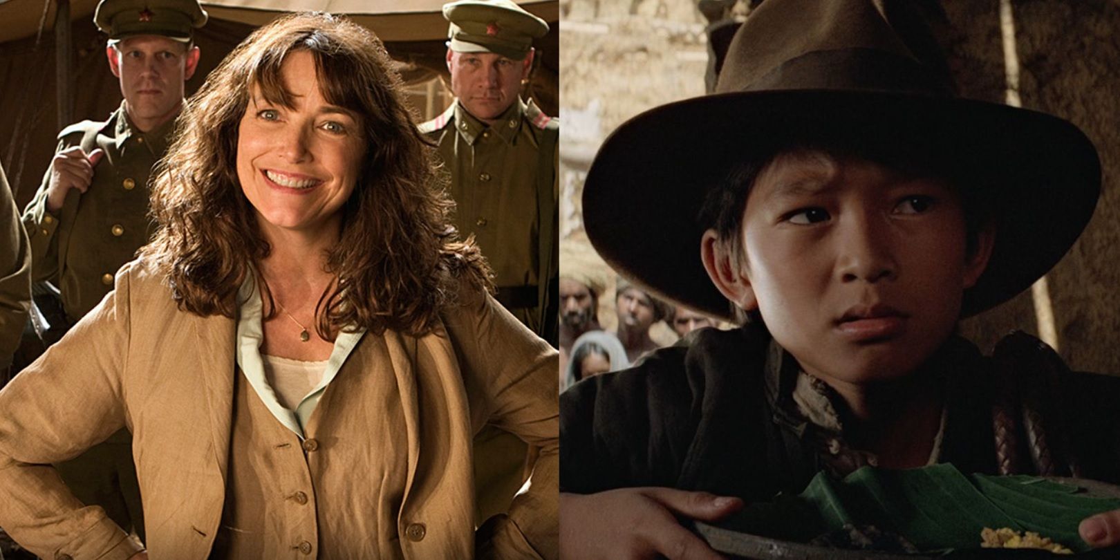 Split image of Marion in Kingdom of the Crystal Skull and Short Round in Temple of Doom