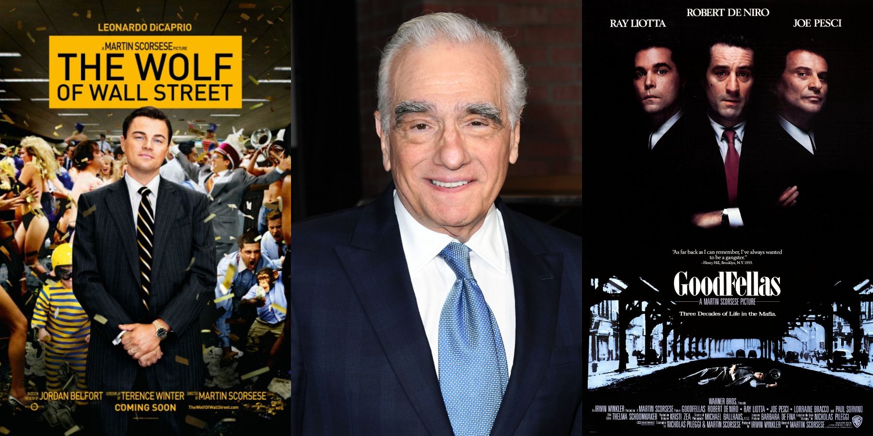 Split image of Martin Scorsese and posters for The Wolf of Wall Street and Goodfellas