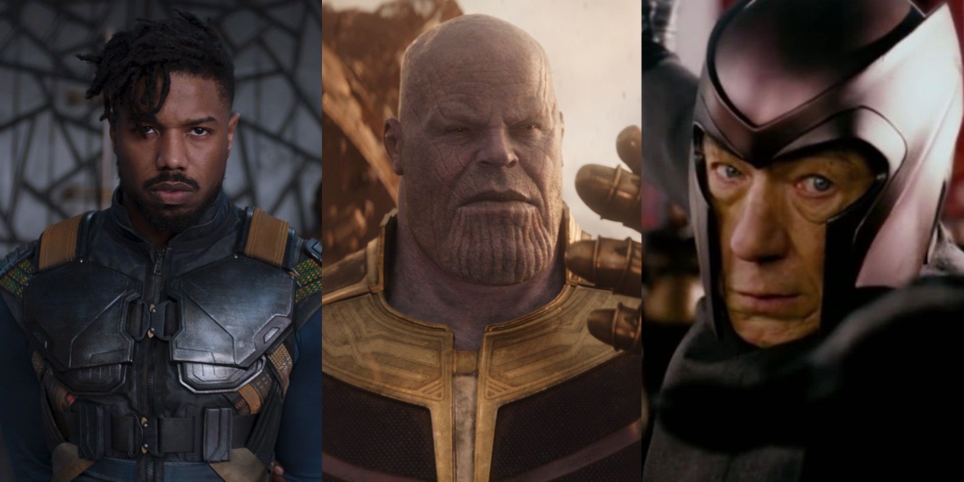 Split image of Michael B Jordan as Killmonger, Josh Brolin as Thanos, and Ian McKellen as Magneto