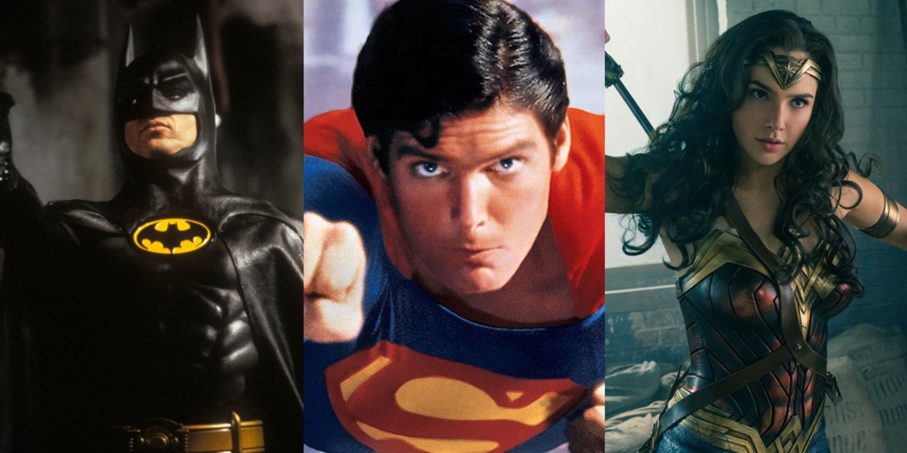 Split image of Michael Keaton as Batman, Christopher Reeve as Superman, and Gal Gadot as Wonder Woman
