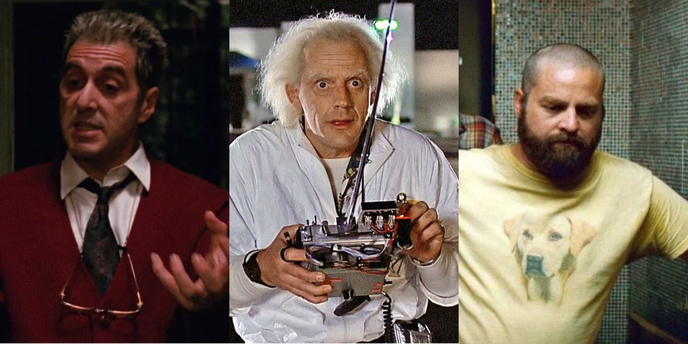 Split image of Michael in The Godfather Part III, Doc in Back to the Future, and Alan in The Hangover
