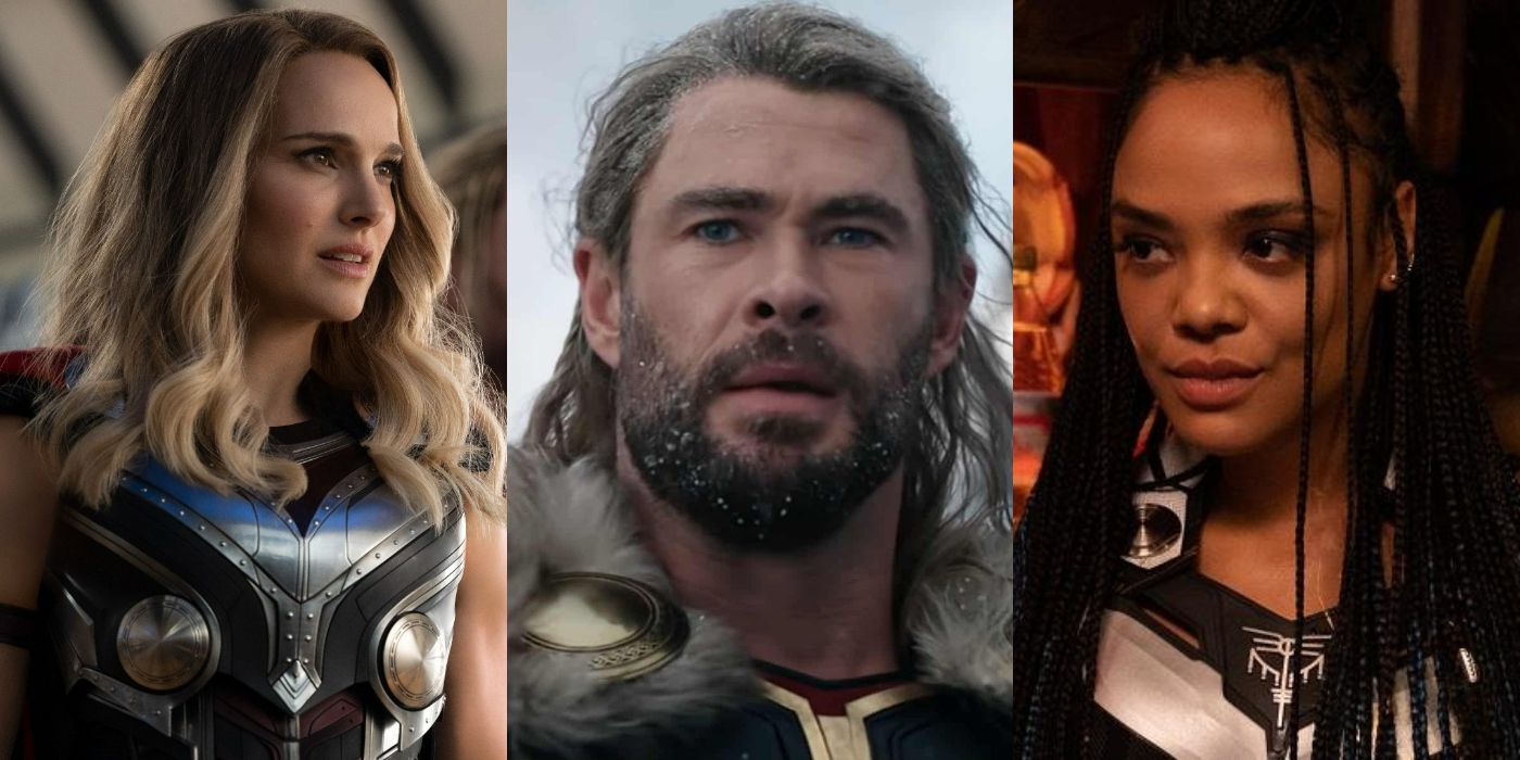 Split image of Mighty Thor, Thor, and Valkyrie in Thor Love and Thunder