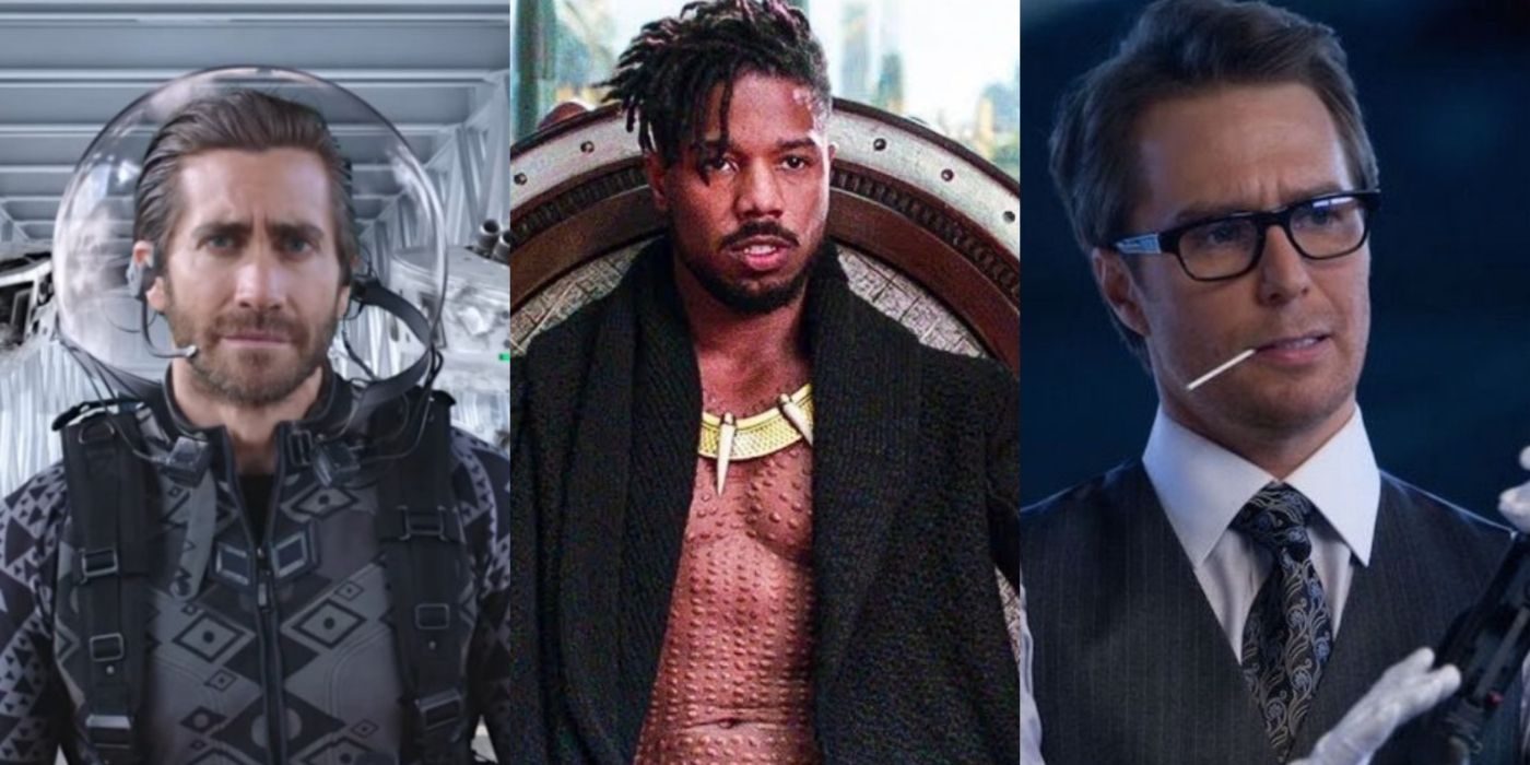 Split image of Mysterio in Spider-Man Far From Home, Killmonger in Black Panther, and Justin Hammer in Iron Man 2