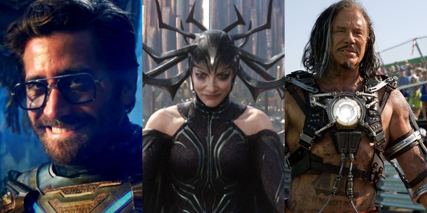 Split image of Mysterion in Spider-Man Far From Hom, Hela in Thor Ragnarok, and Whiplash in Iron Man 2