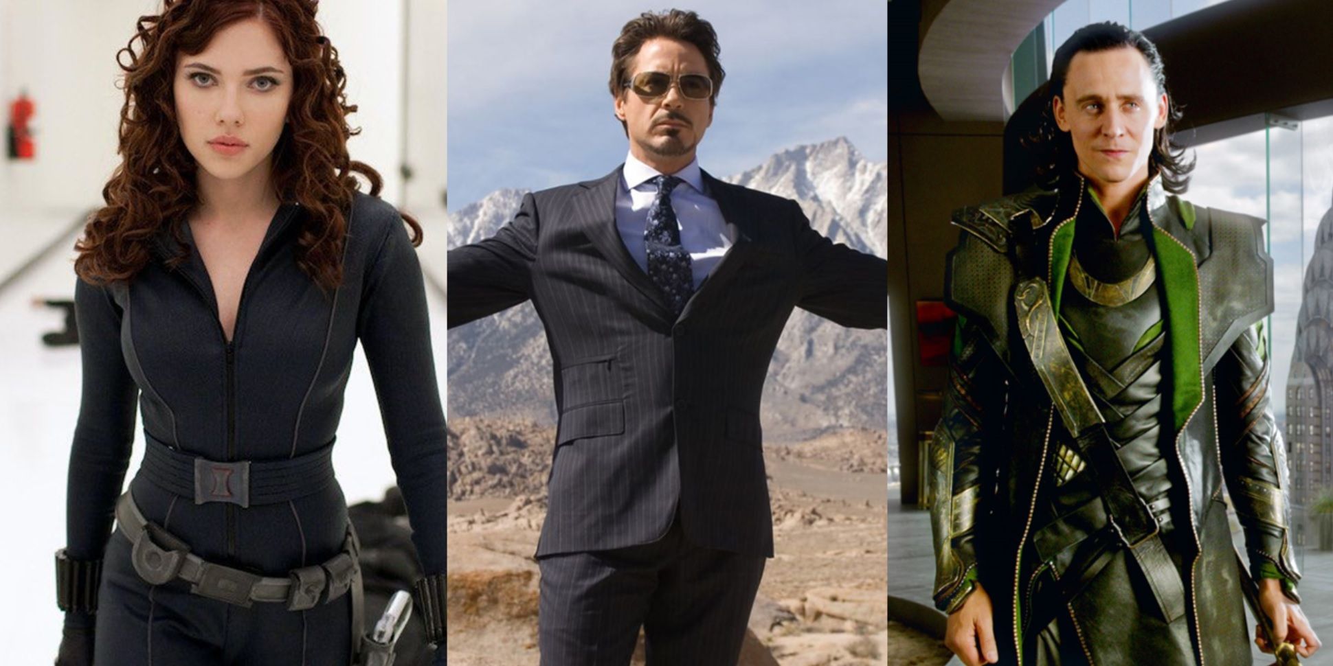 Split image of Nat in Iron Man 2, Tony in Iron Man, and Loki in The Avengers