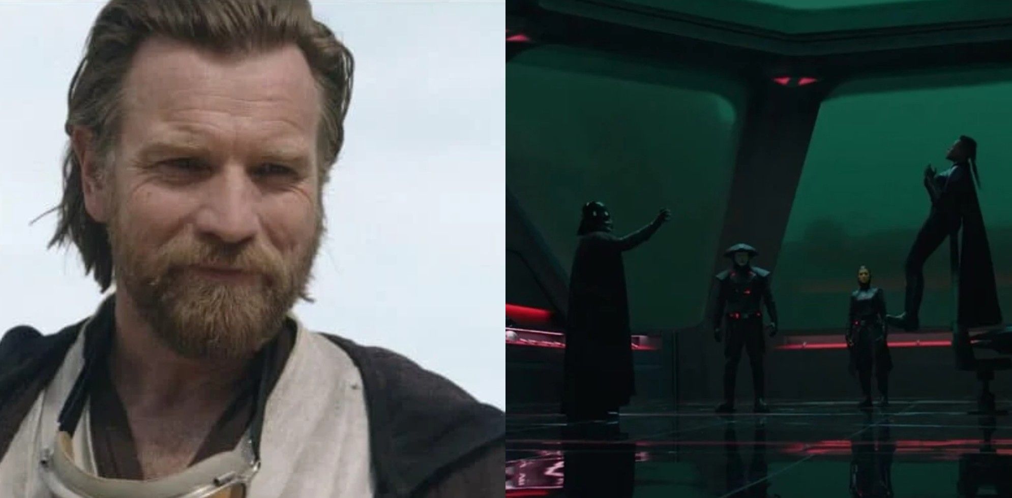 Split image of Obi-Wan Kenobi, Darth Vader, & Reva