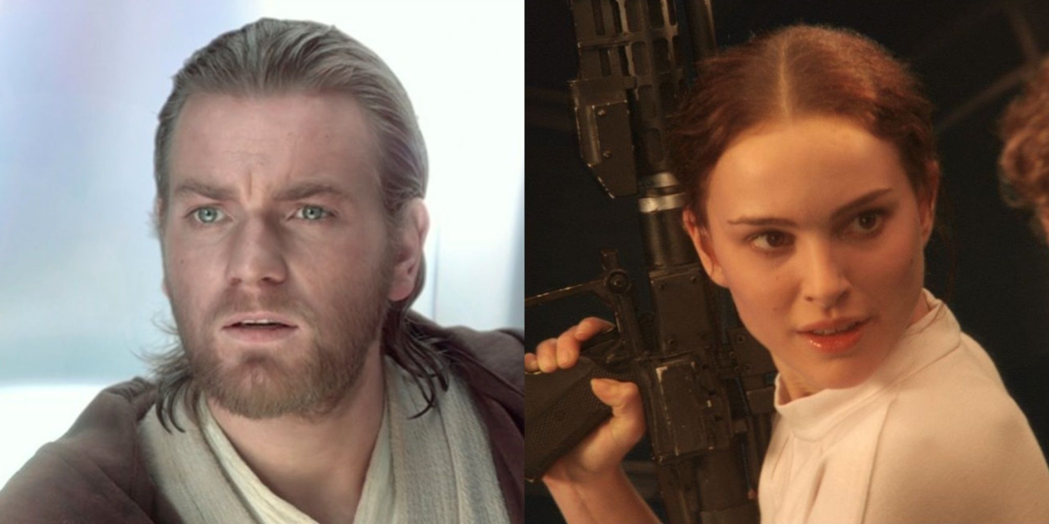 Split image of Obi-Wan on Kamino and Padme on Geonosis in Attack of the Clones