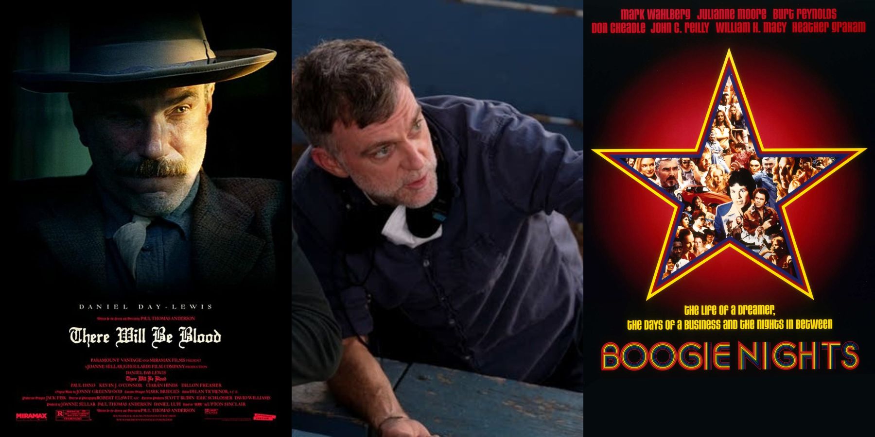 Split image of Paul Thomas Anderson and posters for There Will Be Blood and Boogie Nights