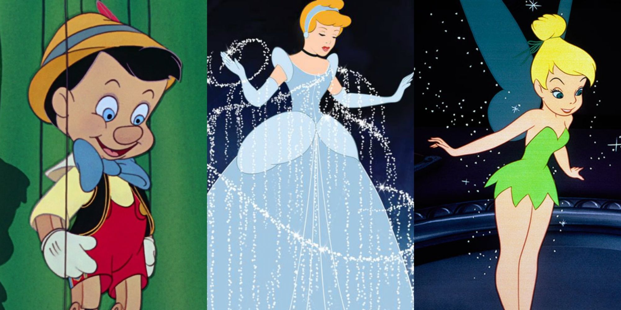 Split image of Pinocchio, Cinderella and Tinkerbell Disney feature