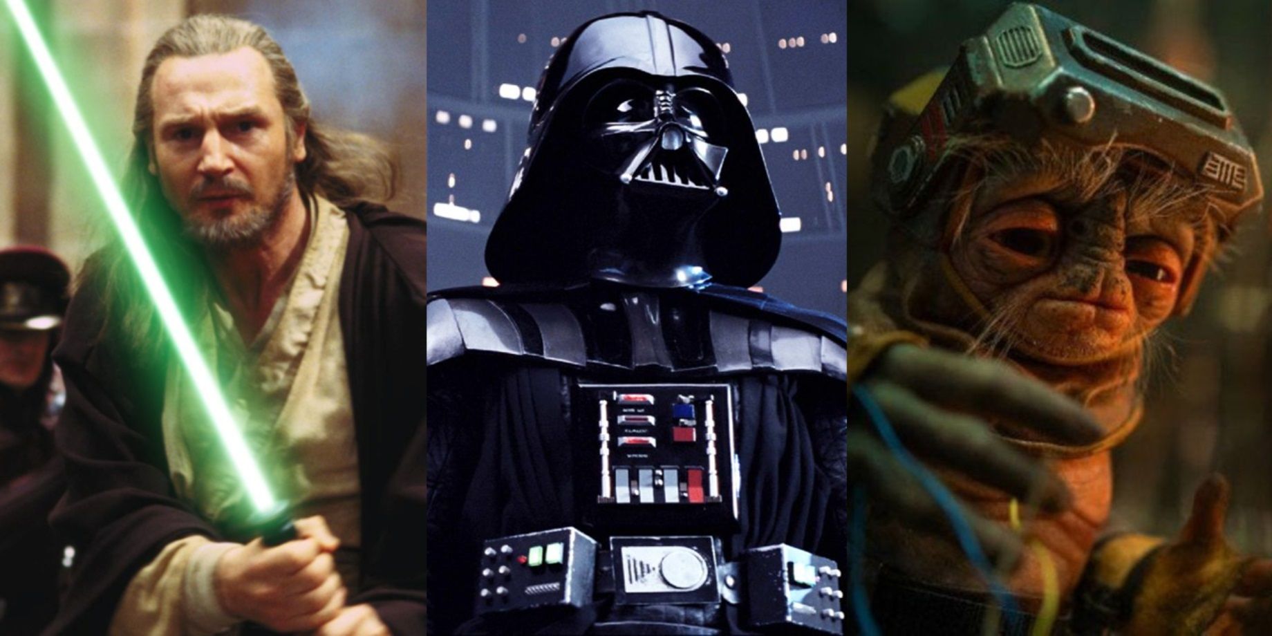 Split image of Qui-Gon in The Phantom Menace, Vader in The Empire Strikes Back, and Babu Frik in The Rise of Skywalker