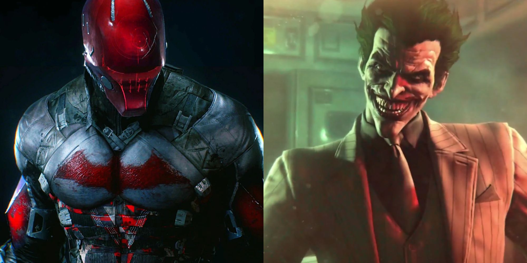 Split image of Red Hood and young Joker from the Batman Arkham games