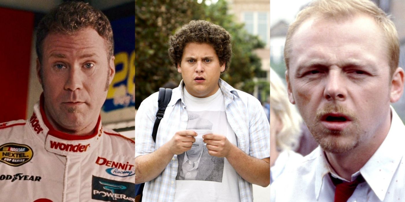 Split image of Ricky in Talladega Nights, Seth in Superbad, and Shaun in Shaun of the Dead