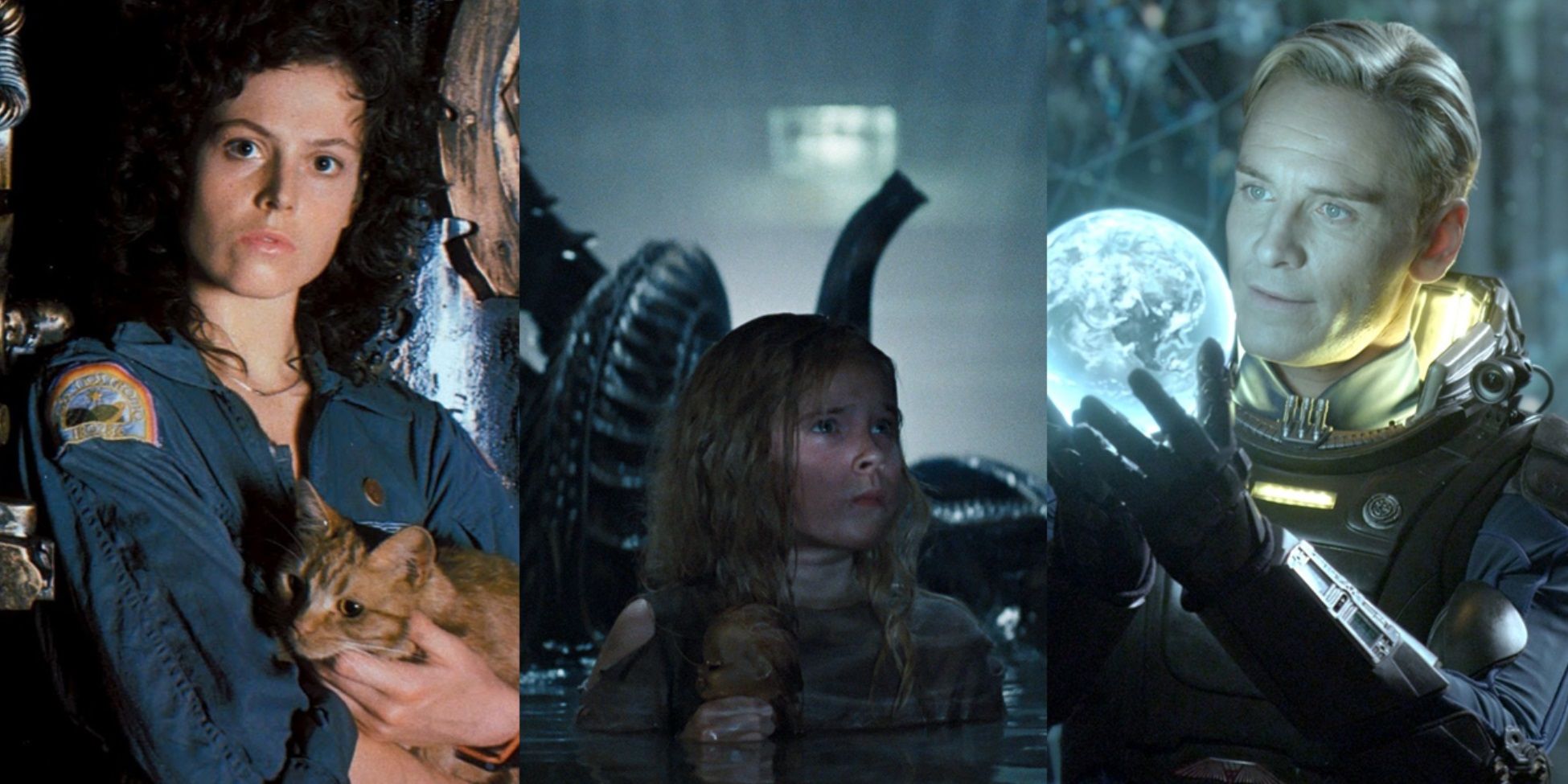 Split image of Ripley in Alien, Newt in Aliens, and David in Prometheus