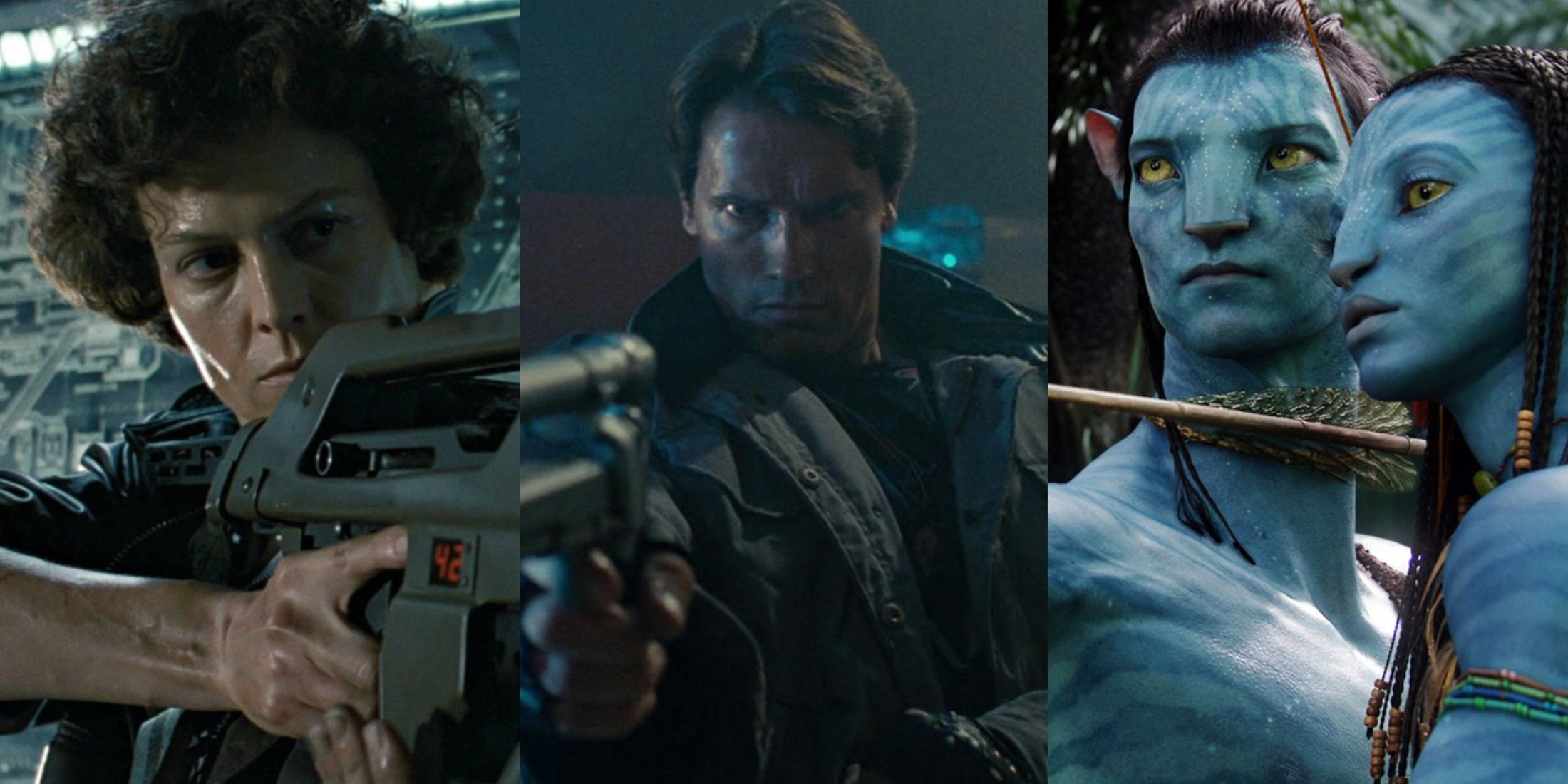 Split image of Ripley in Aliens, T-800 in The Terminator, and Jake and Neytiri in Avatar