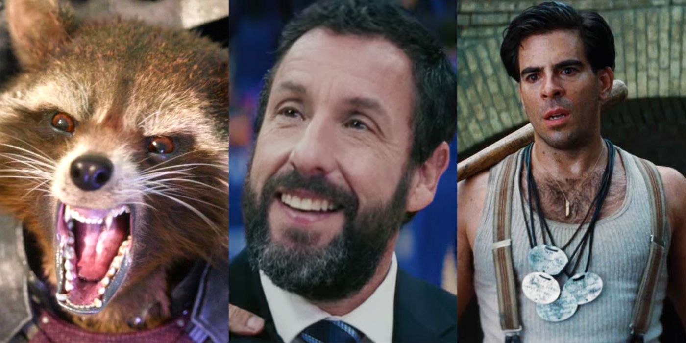 Split image of Rocket in Guardians of the Galaxy, Adam Sandler in Hustle, and Donny in Inglourious Basterds