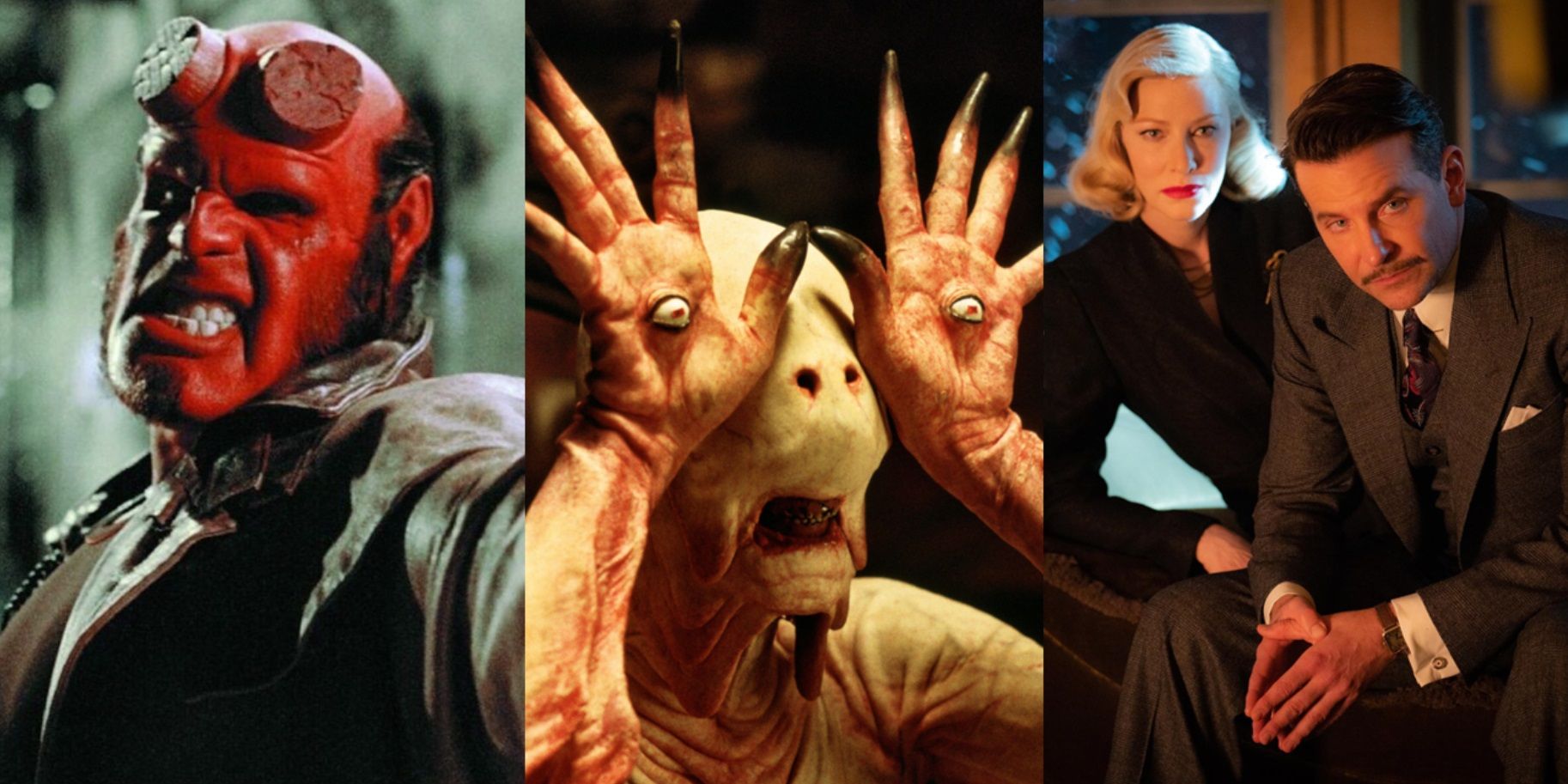 Split image of Ron Perlman as Hellboy, the Pale Man in Pan's Labyrinth, and Bradley Cooper and Cate Blanchett in Nightmare Alley