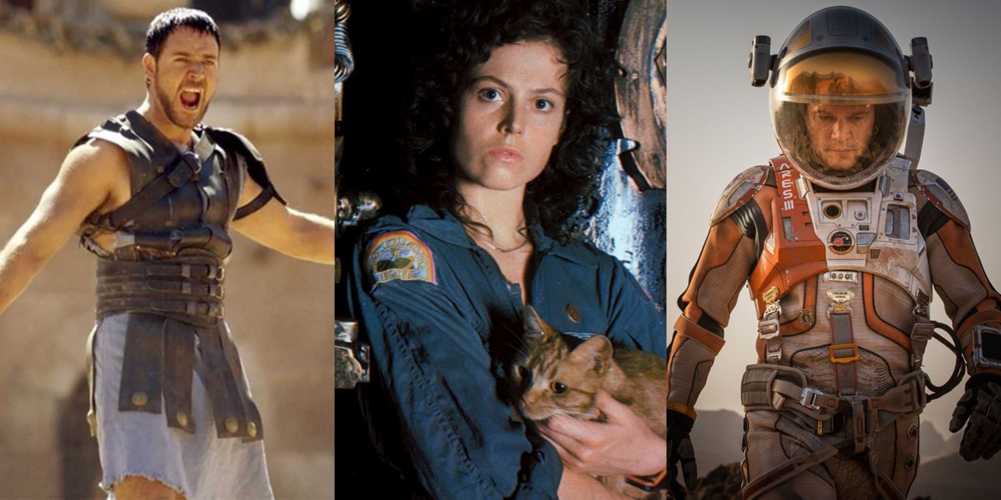 Split image of Russell Crowe in Gladiator, Sigourney Weaver in Alien, and Matt Damon in The Martian