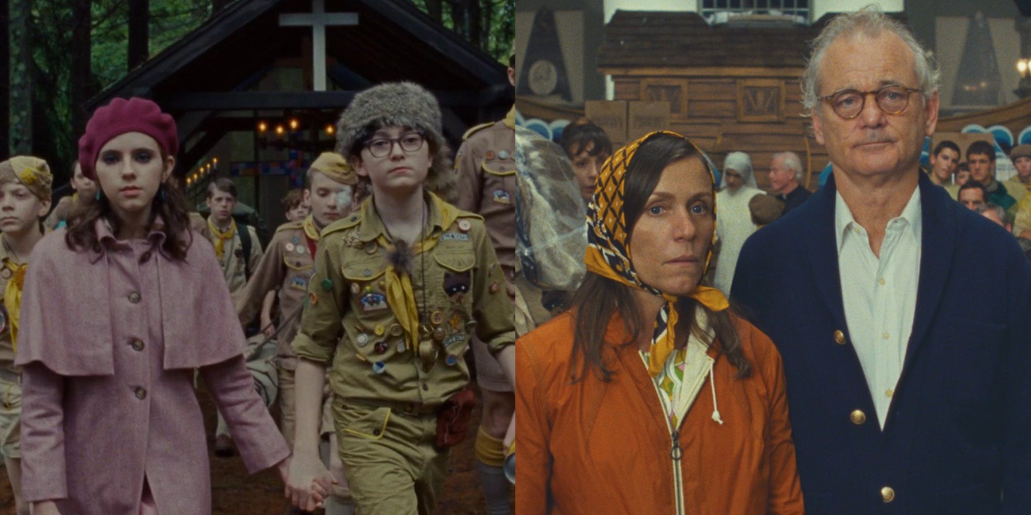 Split image of Sam and Suzy holding hands and Mr and Mrs Bishop in a church in Moonrise Kingdom