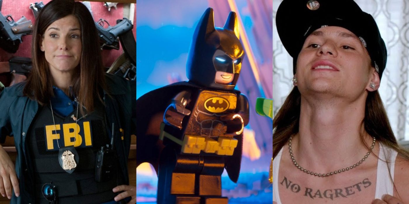 Split image of Sandra Bullock in The Heat, Batman in The LEGO Batman Movie, and Scottie P in We're the Millers
