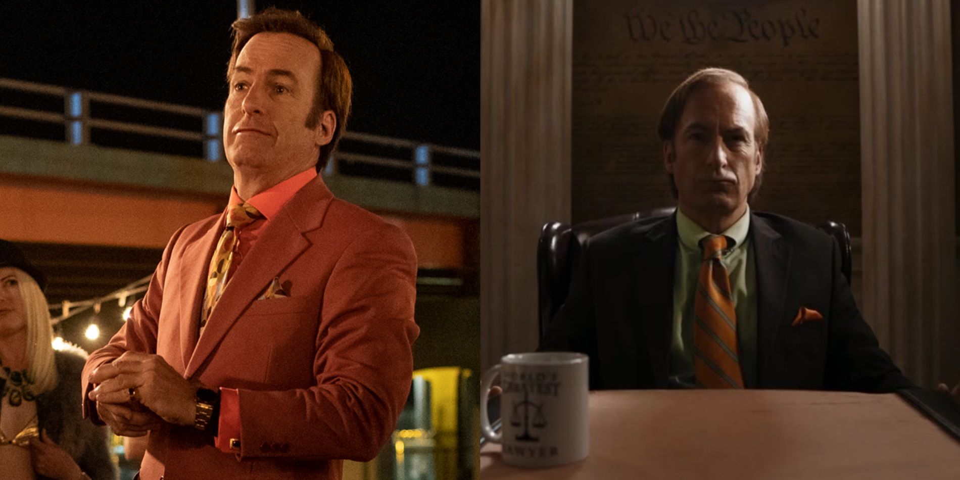 Split image of Saul wearing a colorful suit and sitting in his office in Better Call Saul