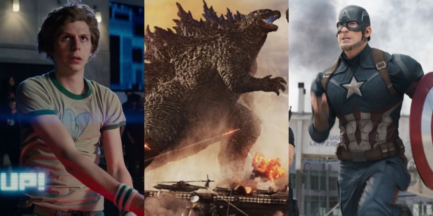 Split image of Scott in Scott Pilgrim vs. the World, Godzilla in Godzilla vs. Kong, and Steve in Captain America Civil War