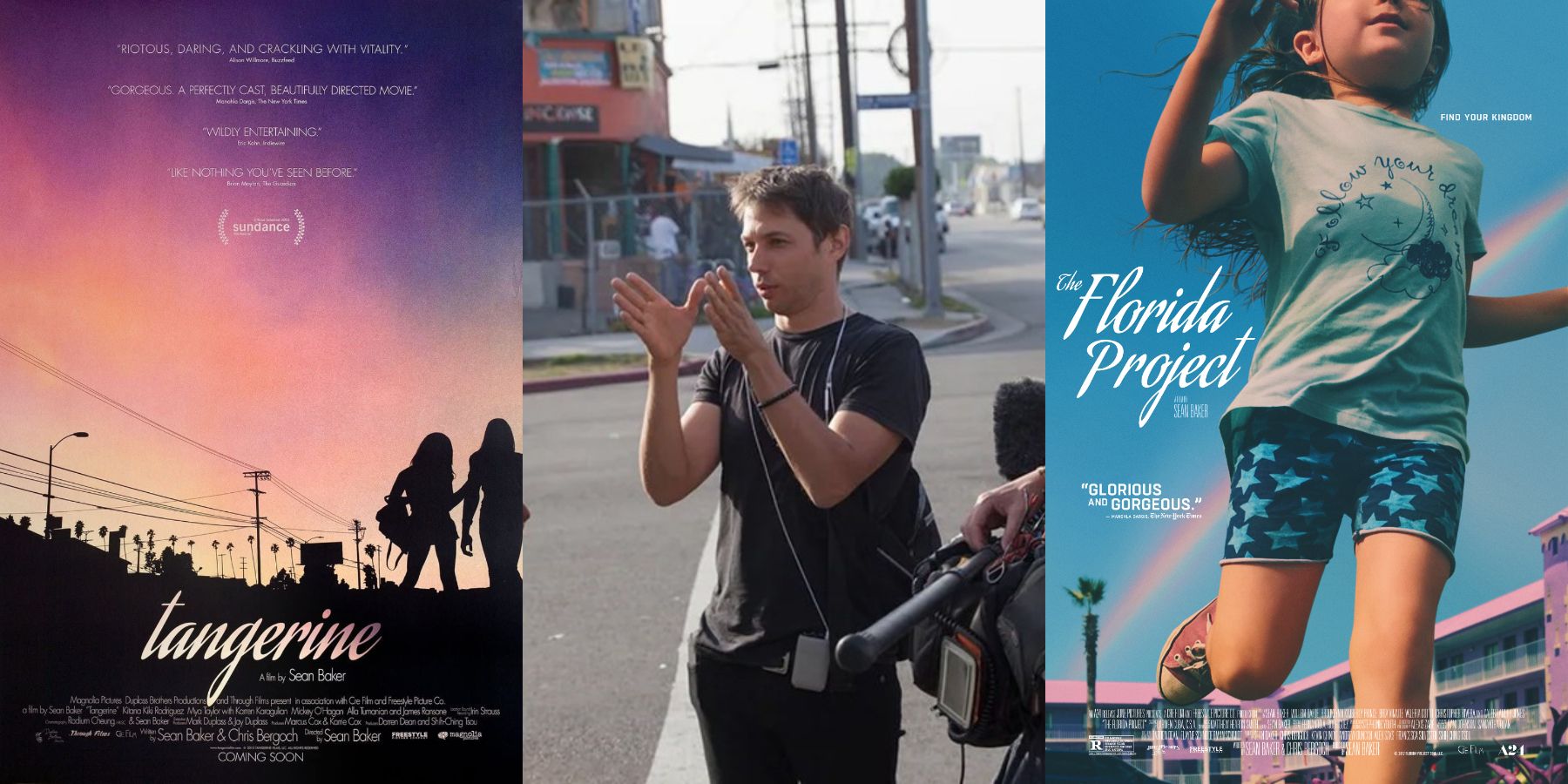 Split image of Sean Baker and posters for Tangerine and The Florida Project