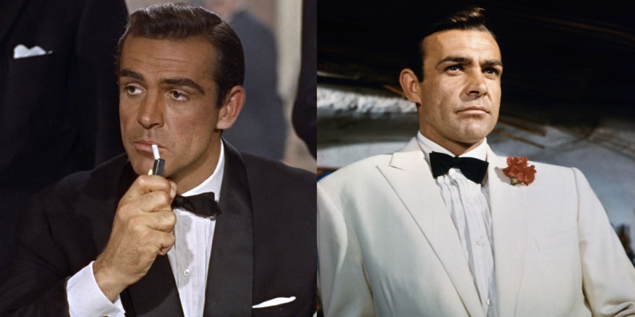 Split image of Sean Connery as James Bond wearing black and white tuxedos