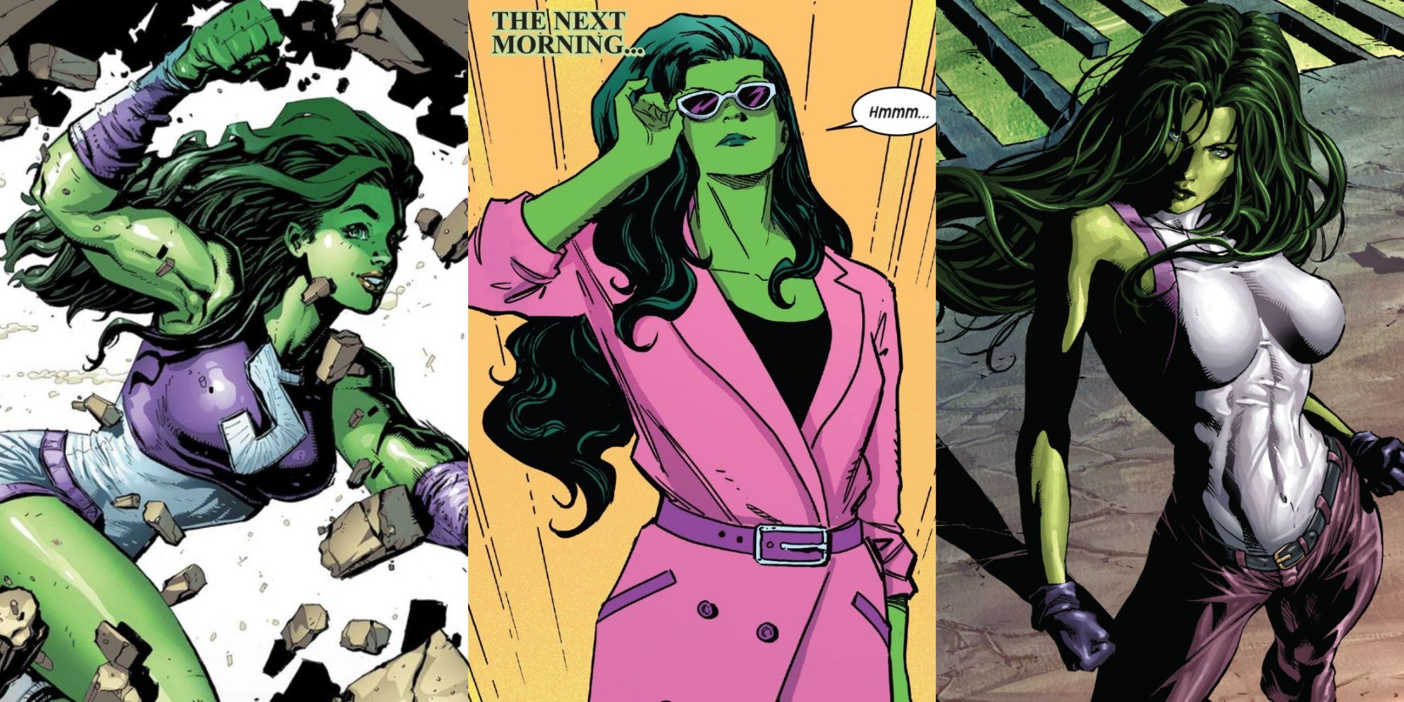 Split image of She-Hulk in various outfits from across the comics