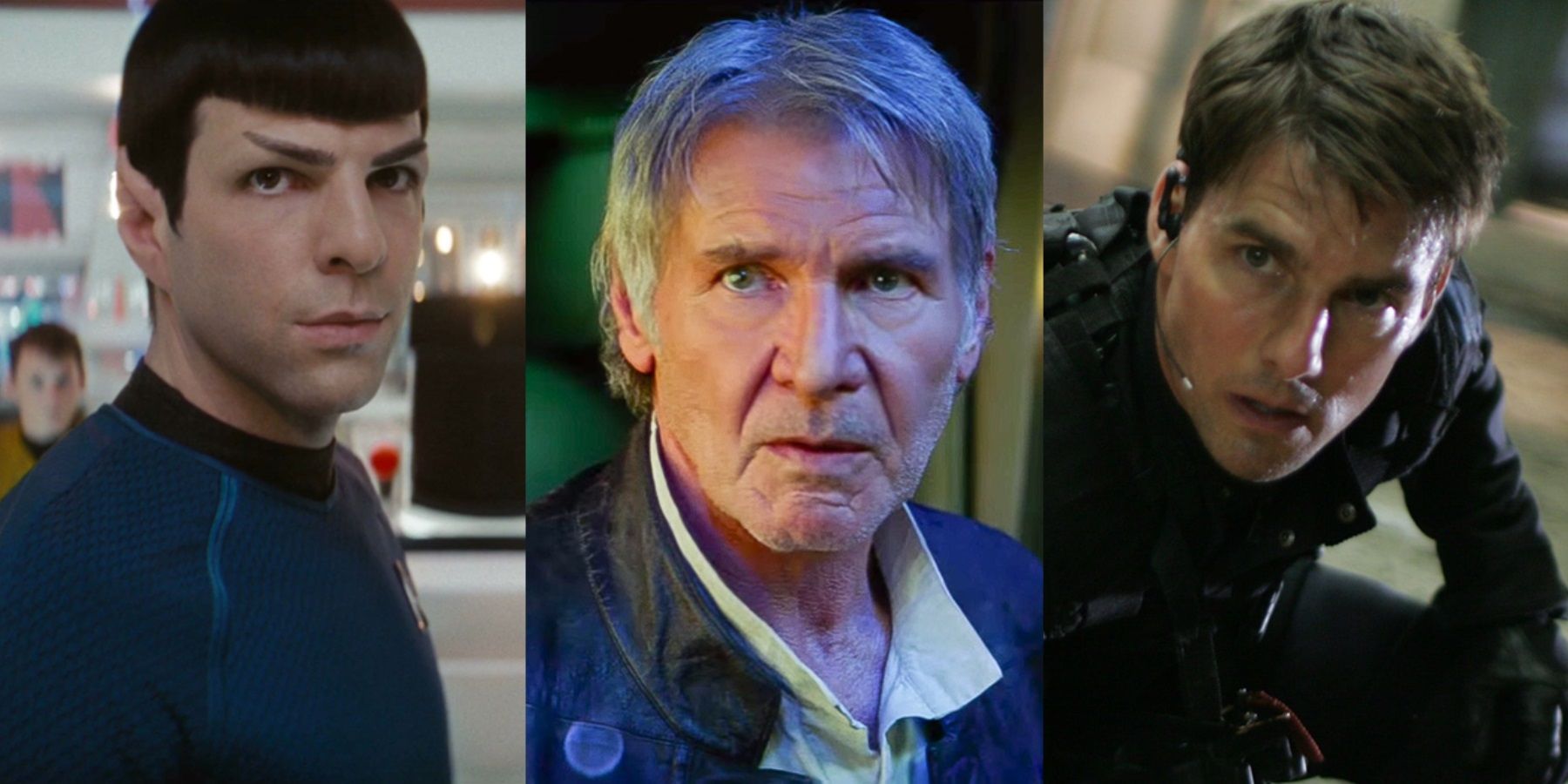 Split image of Spock in Star Trek 2009, Han in The Force Awakens, and Ethan Hunt in Mission Impossible 3