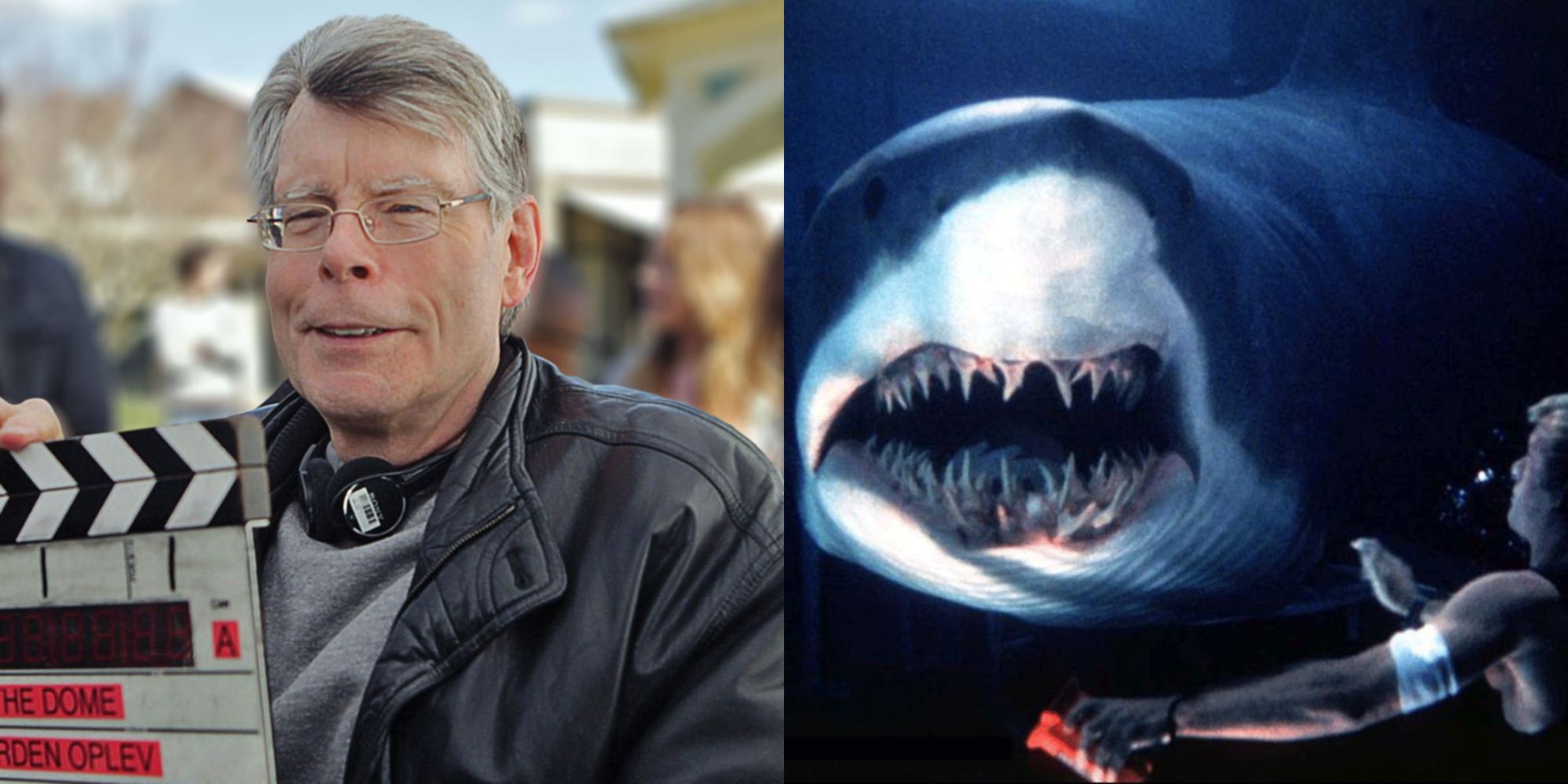 Split image of Stephen King holding a film stamp and Carter being chased by a shark in Deep Blue Sea
