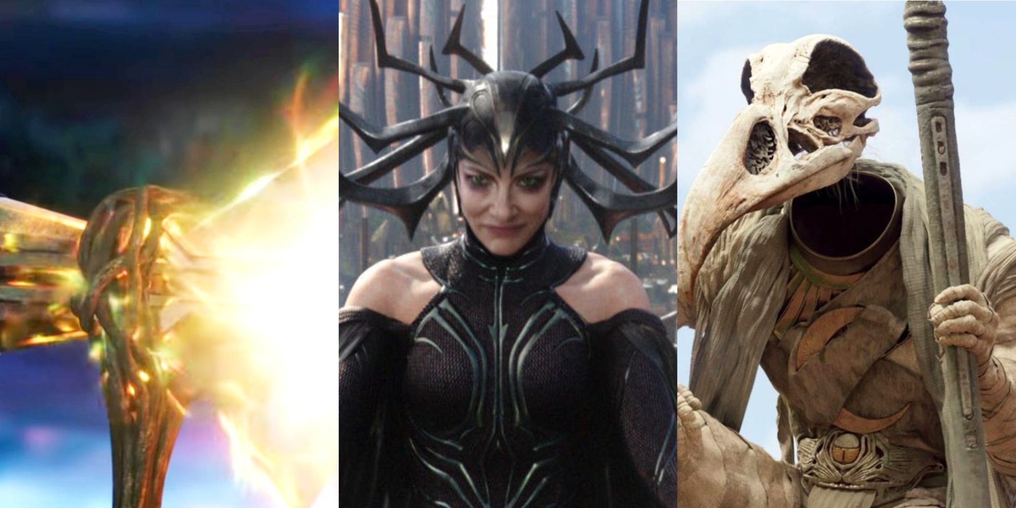 Split image of Stormbreaker, Hela and Khonshu