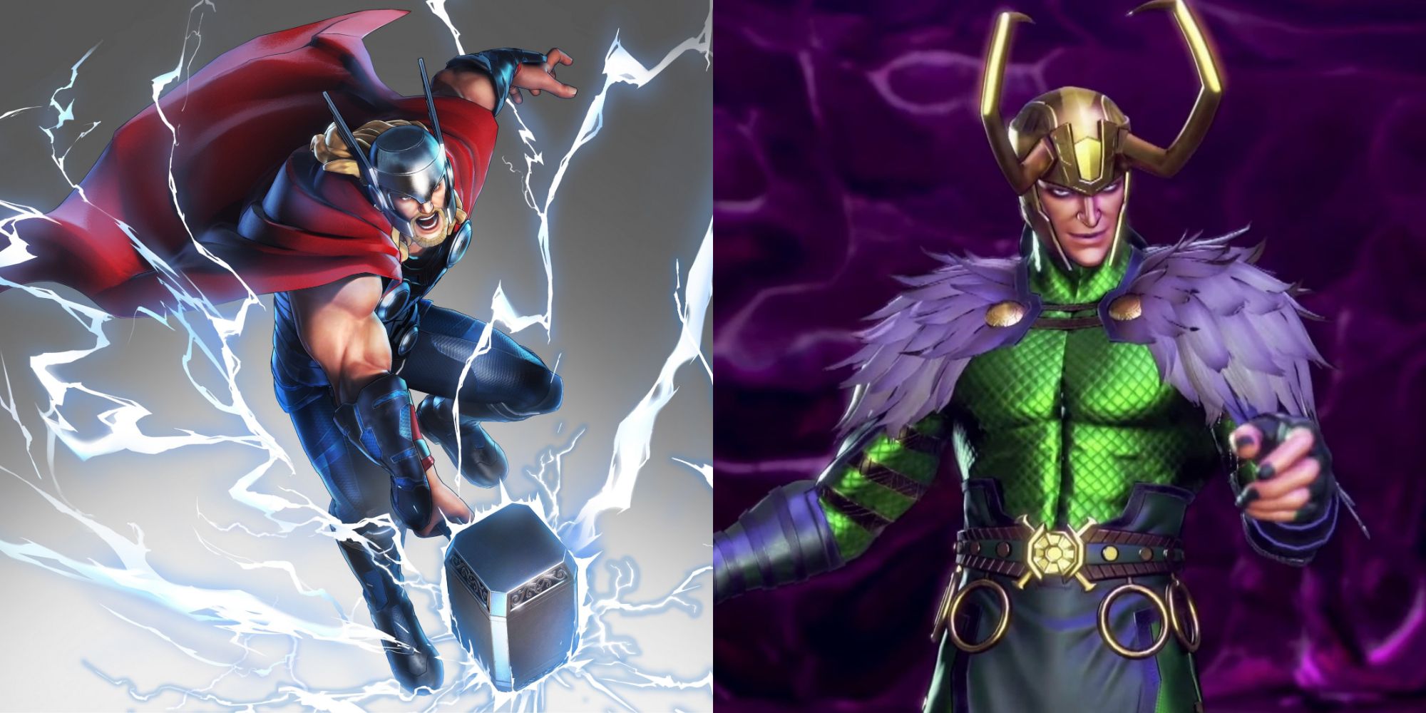 Split image of Thor Odinson and Loki Laufeyson in Marvel Ultimate Alliance 3
