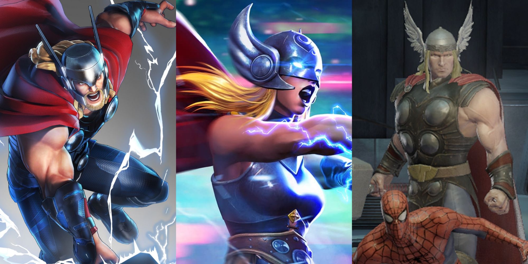 Split image of Thor Odinson and The Mighty Thor in various Marvel video games