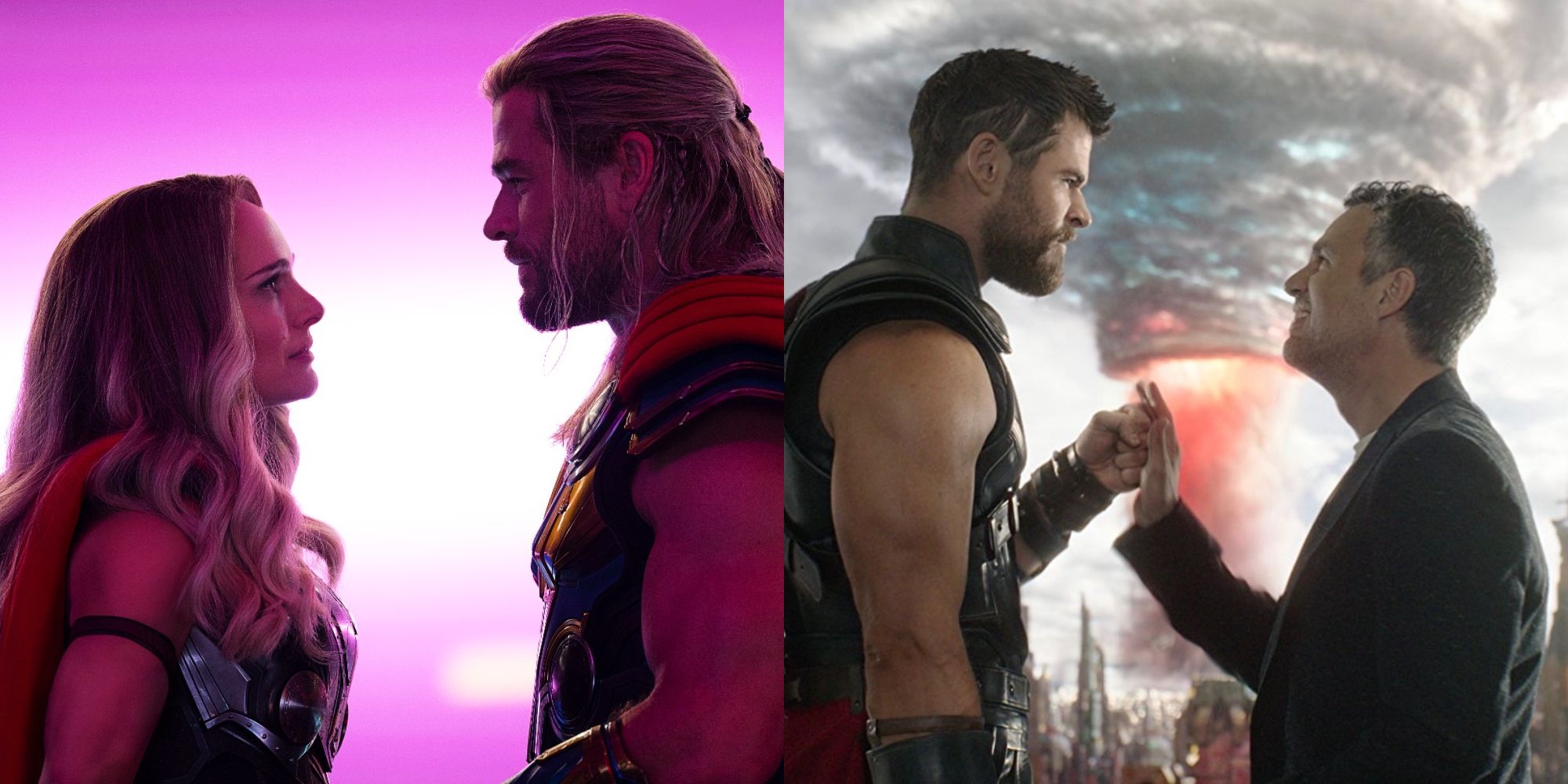 Split image of Thor and Jane in Love and Thunder and Thor and Bruce in Ragnarok