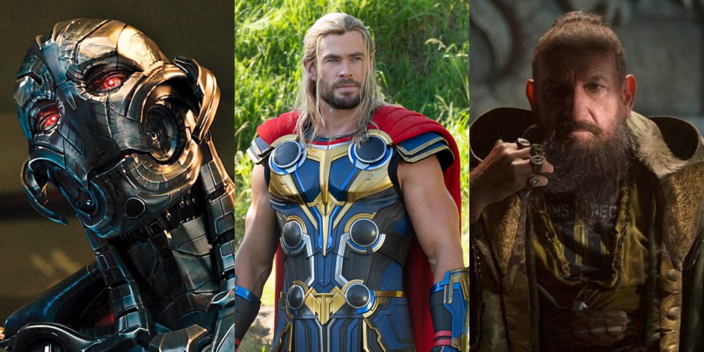 Split image of Ultron in Avengers Age of Ultron, Thor in Thor Love and Thunder, and the Mandarin in Iron Man 3