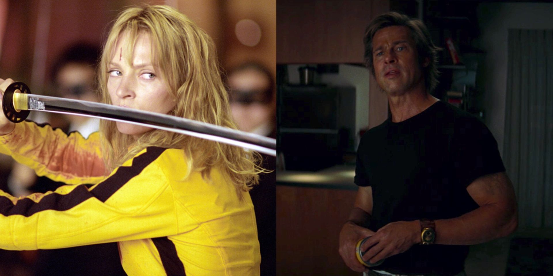 Split image of Uma Thurman in Kill Bill and Brad Pitt in Once Upon a Time in Hollywood