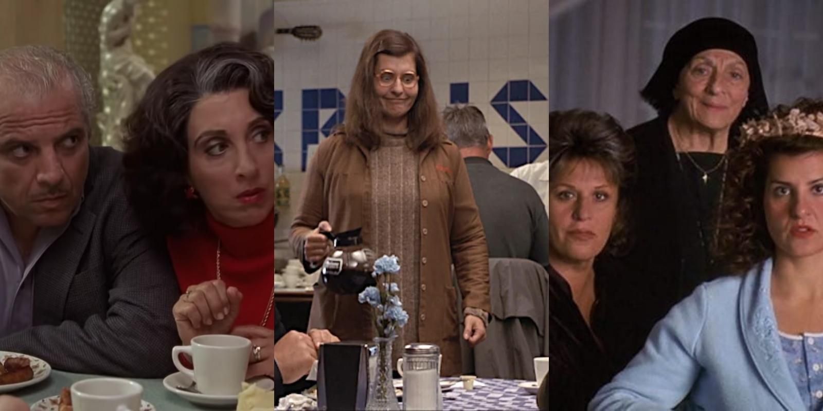 Split image of Uncle Taki and Aunt Voula, Toula Portokalos, and the women of the Portokalos family in My Big Fat Greek Wedding