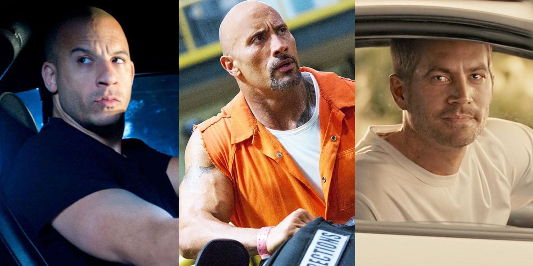 Split image of Vin Diesel in Fast and Furious, Dwayne Johnson in The Fate of the Furious, and Paul Walker in Furious 7