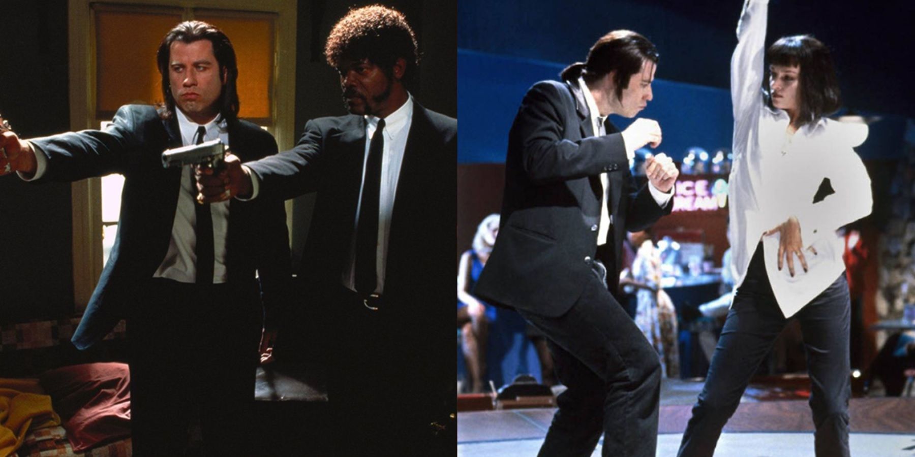 Split image of Vincent and Jules holding guns and Vincent and Mia dancing in Pulp Fiction