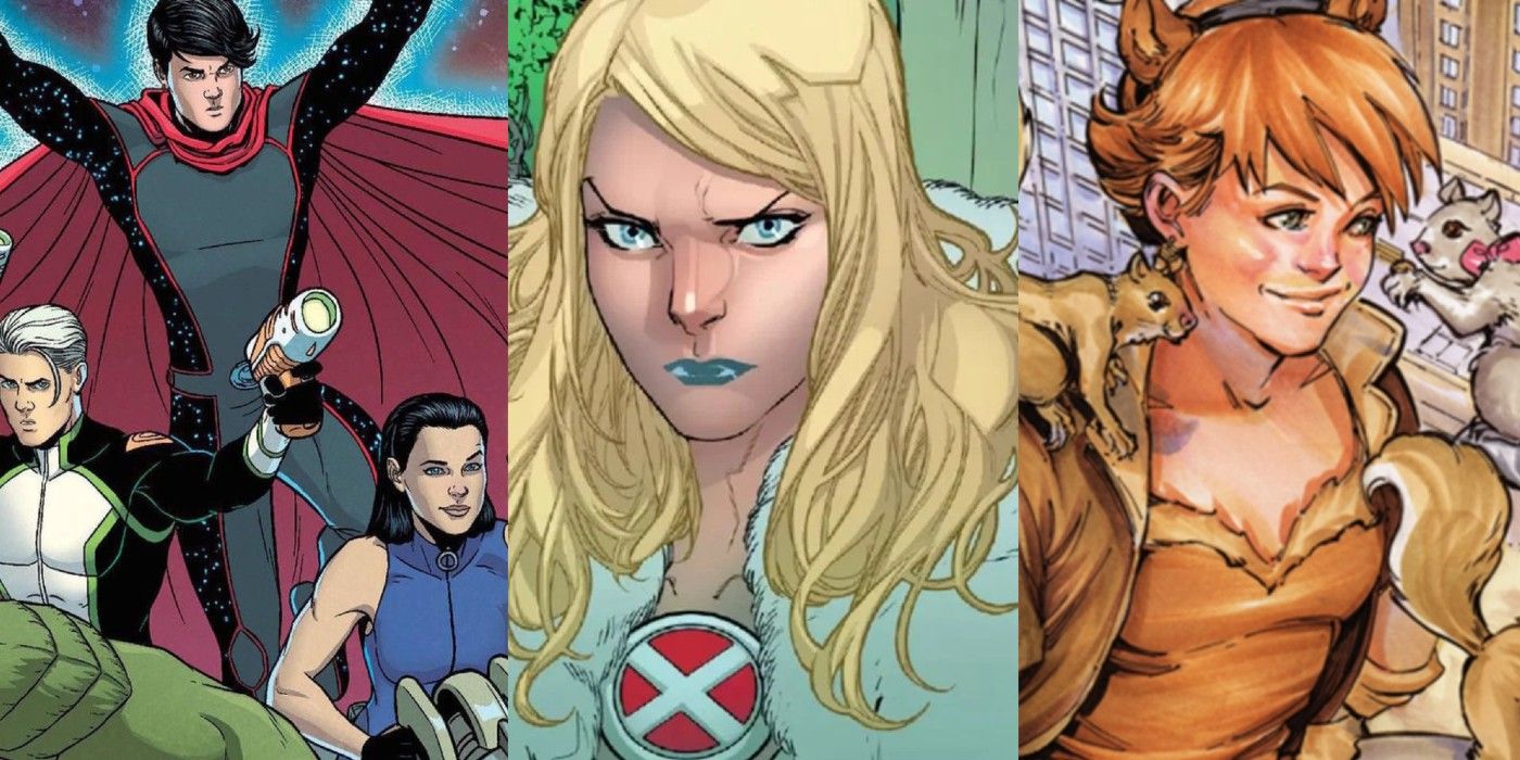 Split image of Young Avengers, Emma Frost and Squirrel Girl feature